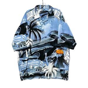 Primero Hawaiian Classic Cars Palm Tree Aloha Button Shirt Polyester Mens XL